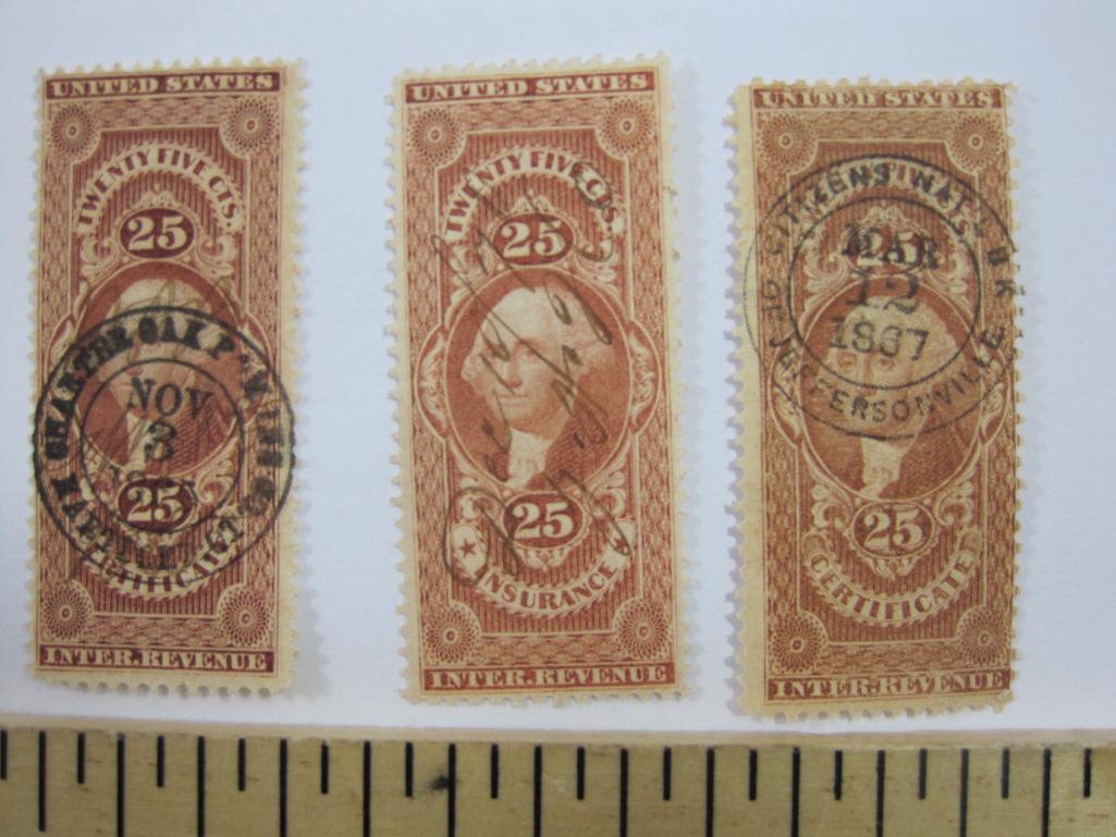 US Internal Revenue Stamps, First Issue 1862-71 Includes 25 Cent Certificate, 20 Cent Inland