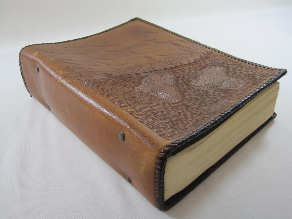 Leatherbound Tome Containing Collection of World Stamps as Recent as 1969, See Pictures for Details