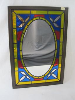 Framed Mirror Panel with Faux Stained Glass Edges, approx 17.5 X 25.5 inches