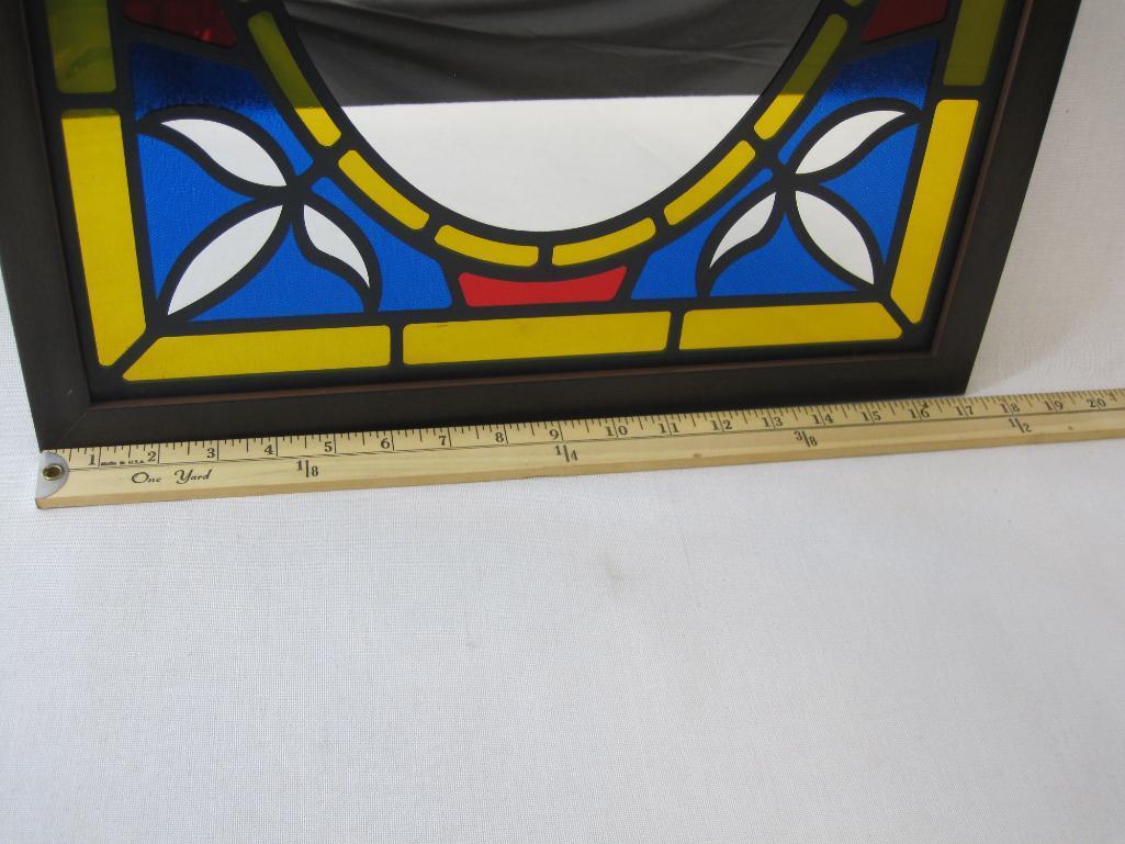 Framed Mirror Panel with Faux Stained Glass Edges, approx 17.5 X 25.5 inches
