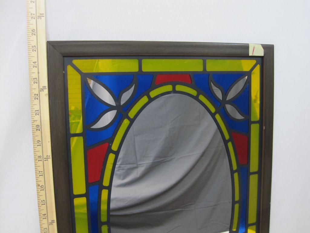 Framed Mirror Panel with Faux Stained Glass Edges, approx 17.5 X 25.5 inches