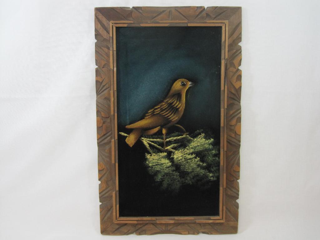 Black Velvet Bird on Pine Branch, Hand Painted, Wood Frame approx 15 X 24 inches