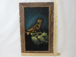 Black Velvet Bird on Pine Branch, Hand Painted, Wood Frame approx 15 X 24 inches