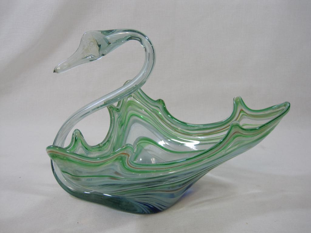 Hand Blown Glass Swan Bowl, Black Light Active, See Pictures for Size