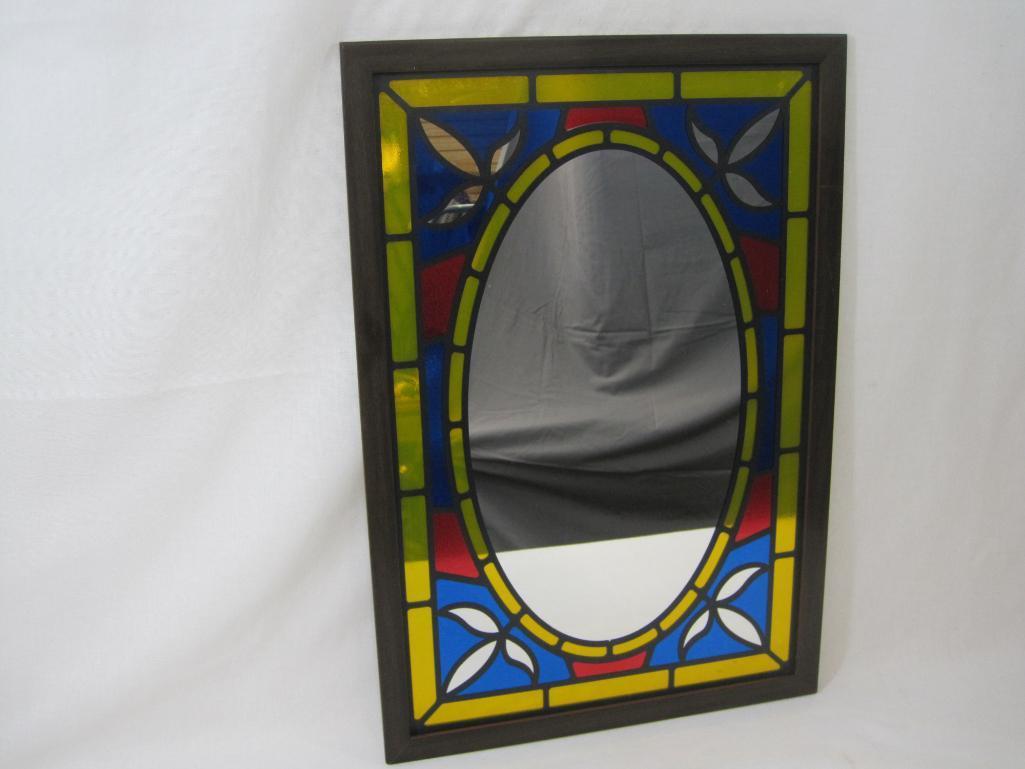 Framed Mirror Panel with Faux Stained Glass Edges, approx 17.5 X 25.5 inches