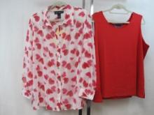 Susan Graver Style Heart Print Sheer Shirt with Red Tank, 1X, 13 oz