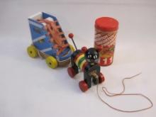 Three Vintage Kid's Toys including TinkerToys, Brio Wooden Cat Pull Toy and Wooden Shoe Pull Toy, 1