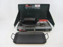 Coleman Two Burner Propane Stove with Original Crckr Barrel Cast Iron Grill Pan With Silicone Handle