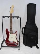 Fender Stratocaster Squier Guitar, Red in Soft Cover Carry/Pack Bag with Fender 3 Guitar Stand, No