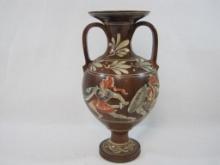 Double Handle Brown Ceramic Vase, Spartan Motif, Approx 15 inches Tall