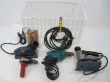 Tools in a Wire Basket includes Makita 10mm Drill with Right Angle Attachment, Drill Doctor Bit
