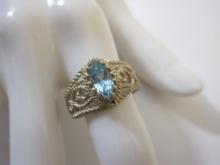 Avon Sterling Silver Filigree Ring with Blue Topaz Gemstone, Size 7.5, 3.9 g