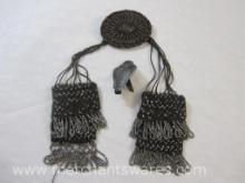 Three Vintage Items including Sterling Silver Scarf Holder (11.6 g), Seed Bead Sliding Pouches and