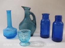 Five Assorted Blue Glass Bottles, Vase and more, 2 lbs 2 oz