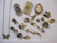 Gold Filled Money Holder, Cameo Pin, Assorted Pins, Gold Filled Earrings, and More, see pictures,