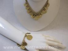 Gold Tone Dangle Coin Necklace and Bracelet Set, 2oz