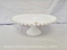 Fenton Style Ruffled White Glass Cake Stand, see photos for dimensions