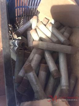 CRATE OF MISC. NAILS, TRACTOR PARTS, AND PIPE FITTINGS