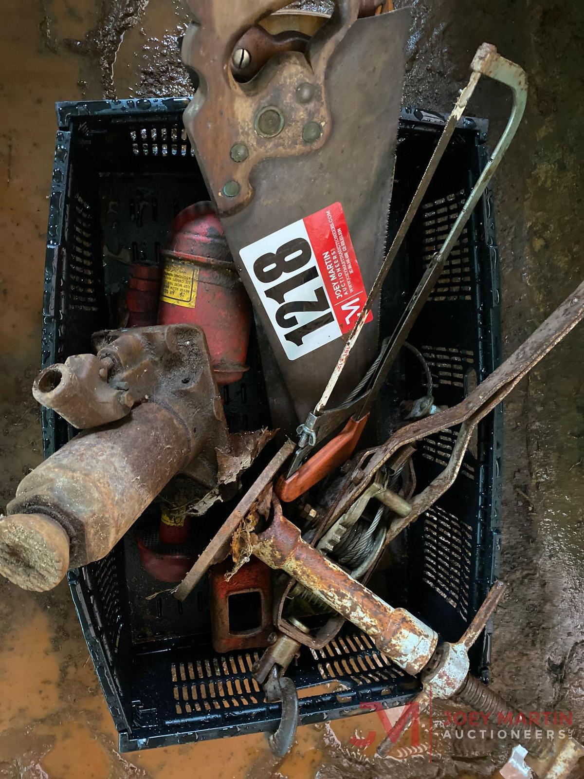 CRATE OF VARIOUS TOOLS, COME-A-LONG, JACK, HAND SAWS