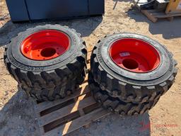 (4) NEW FORERUNNER 10-16.5 SKID STEER TIRES WITH ORANGE WHEELS