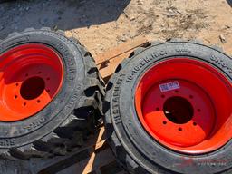 (4) NEW FORERUNNER 10-16.5 SKID STEER TIRES WITH ORANGE WHEELS