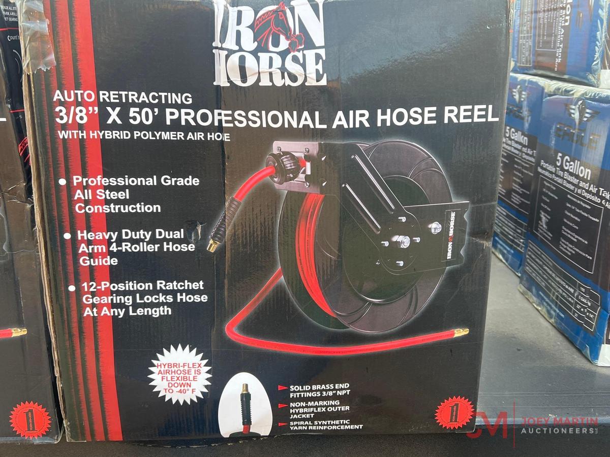 UNUSED IRON HORSE AUTO RETRACTING 3/8" X 50' PROFESSIONAL AIR HOSE REEL W/HOSE