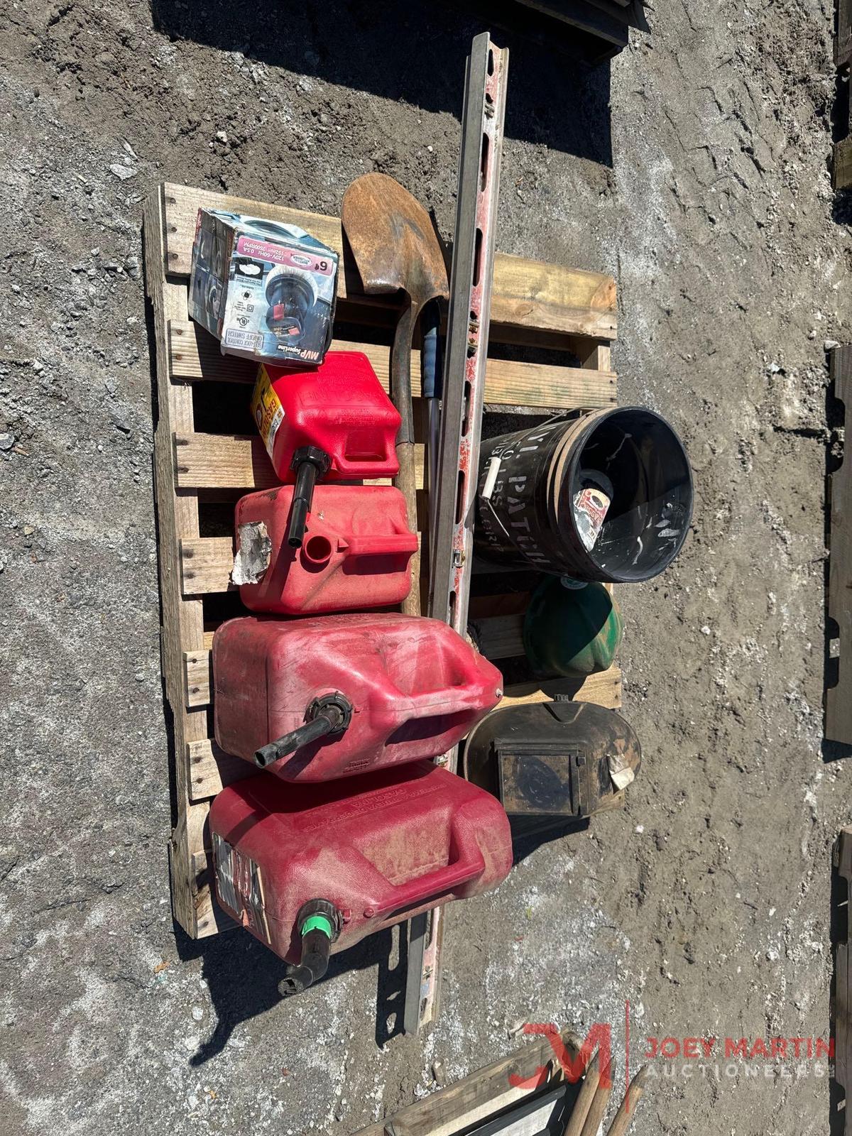 CONTENTS OF PALLET: GAS CANS, LEVELS, ELECTRIC BUFFER