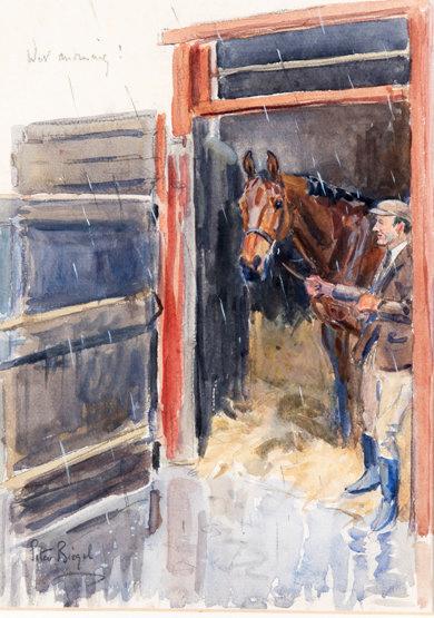 Peter Biegel (1913-1988) WET MORNING ! ('ARKLE' IN HIS STABLE WITH WORK RID