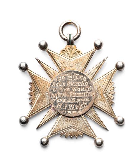 Gold-mounted silver medal for a 100 mile world road cycling record set in 1884 by Henry John Webb