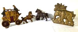 Metal elephant doorstop, carriage figurine and cast iron horse