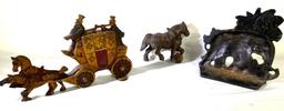 Metal elephant doorstop, carriage figurine and cast iron horse