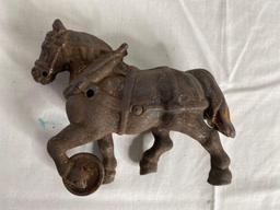 Metal elephant doorstop, carriage figurine and cast iron horse