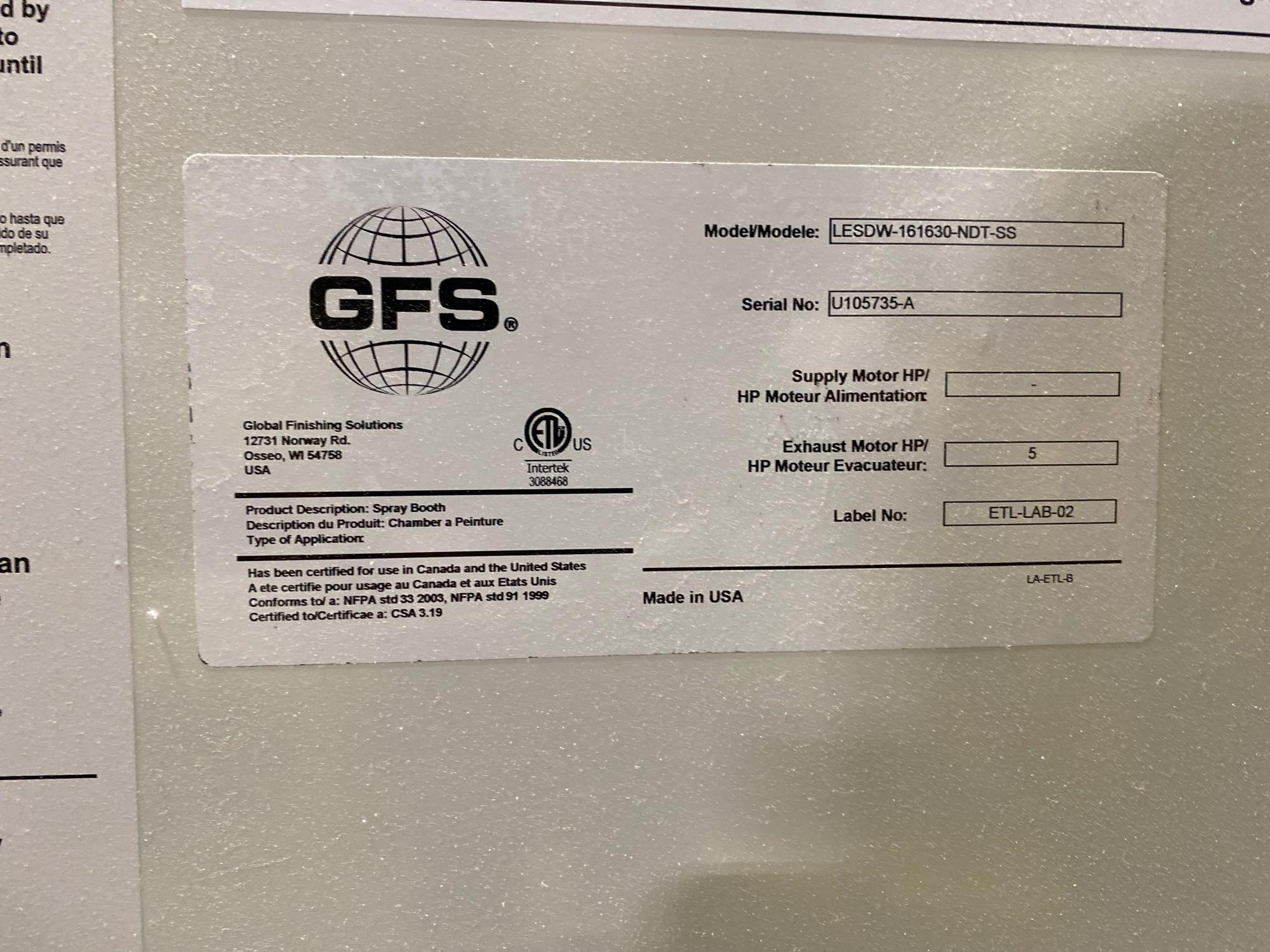 Global Finishing Systems Model: LESDW-161630-NDT-SS Side Downdraft Paint Spray Booth