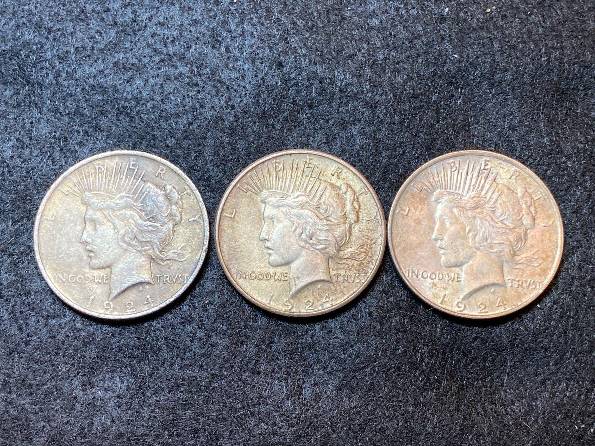 (3) 1924 Peace Silver Dollars