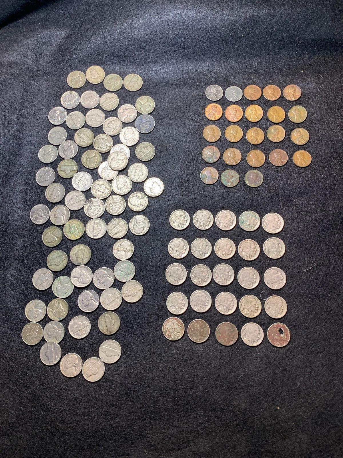 (25) Buffalo & (68) Jefferson nickels & (23) Wheat pennies