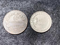 Vintage Italy coins: 1867 H 10 Centesimi & 1922 one lira