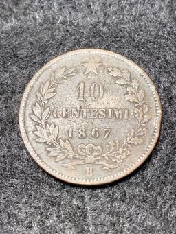 Vintage Italy coins: 1867 H 10 Centesimi & 1922 one lira