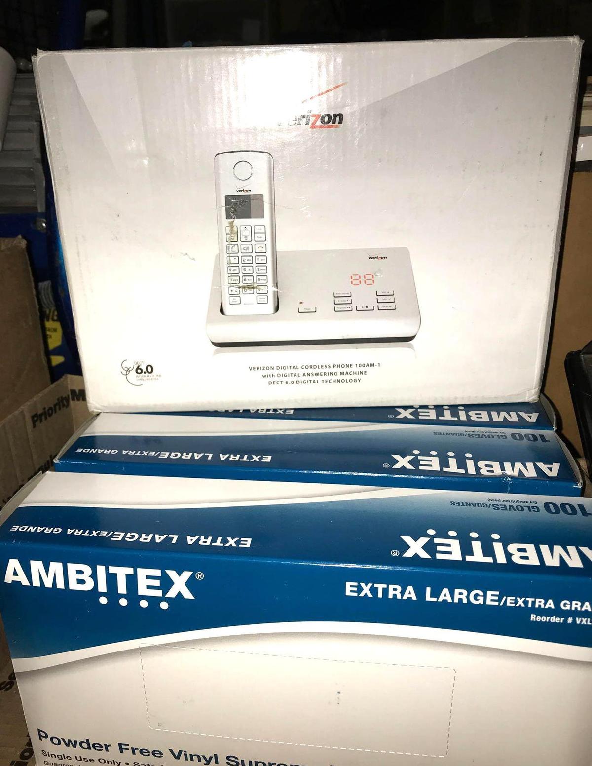 Verizon Cordless Phone and 3 Boxes of XL Gloves (300 Total)