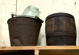3 Vintage Items- Wood Barrel, Pail etc
