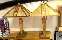 Pair of Revival Craftsman Mission Table lamps with stainglass Shades