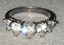 Sterling Silver Ring with 5 White Heart Shaped Stones size 9