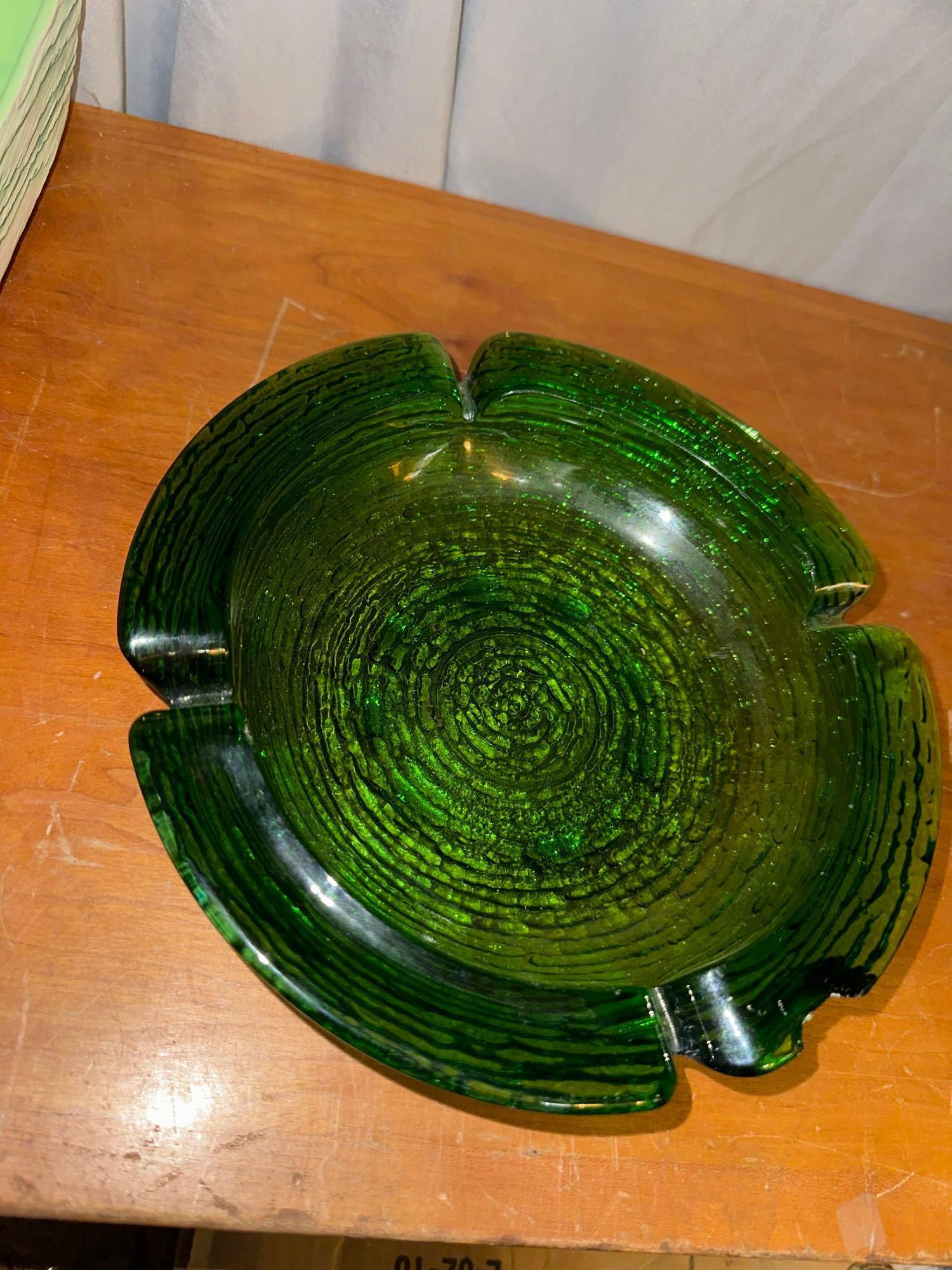 Pottery Ash Tray from Hotel Mahjongin Hong Hong Plus MCM Green Glass Ashtray (has chip)