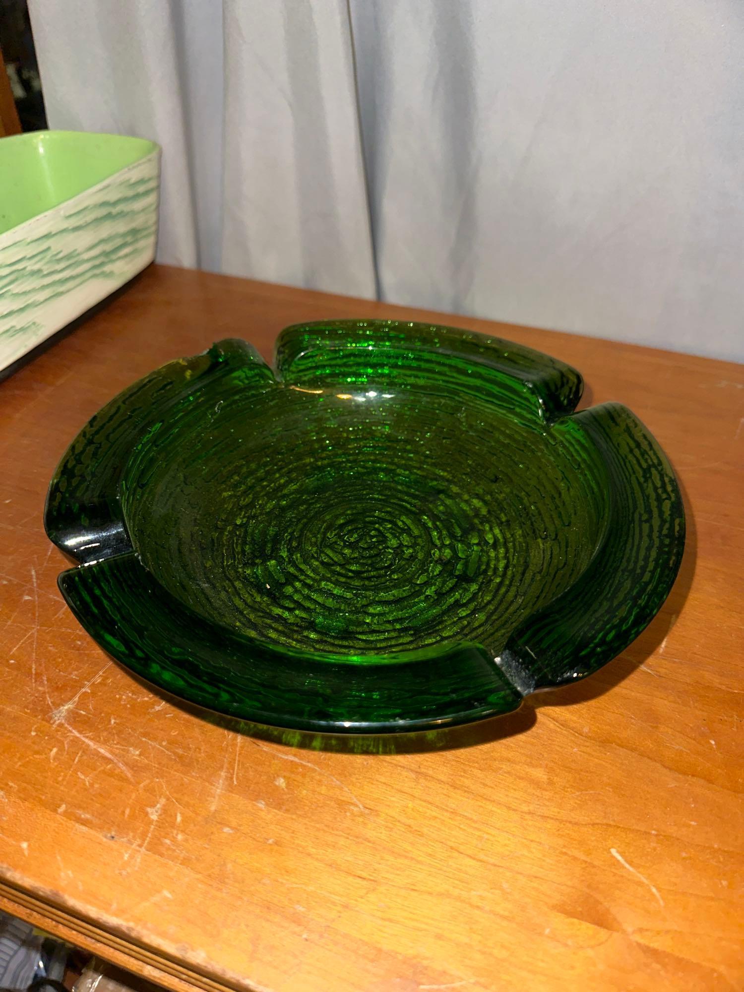 Pottery Ash Tray from Hotel Mahjongin Hong Hong Plus MCM Green Glass Ashtray (has chip)