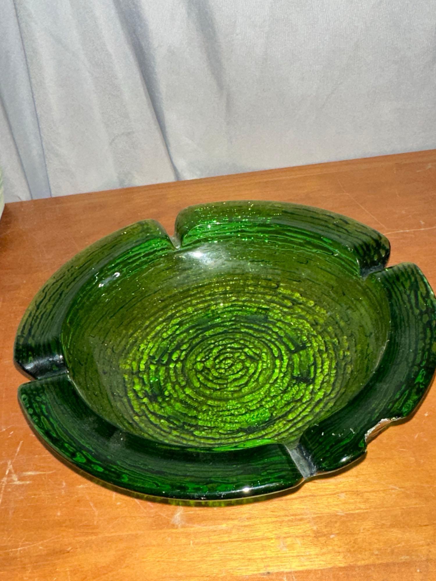 Pottery Ash Tray from Hotel Mahjongin Hong Hong Plus MCM Green Glass Ashtray (has chip)