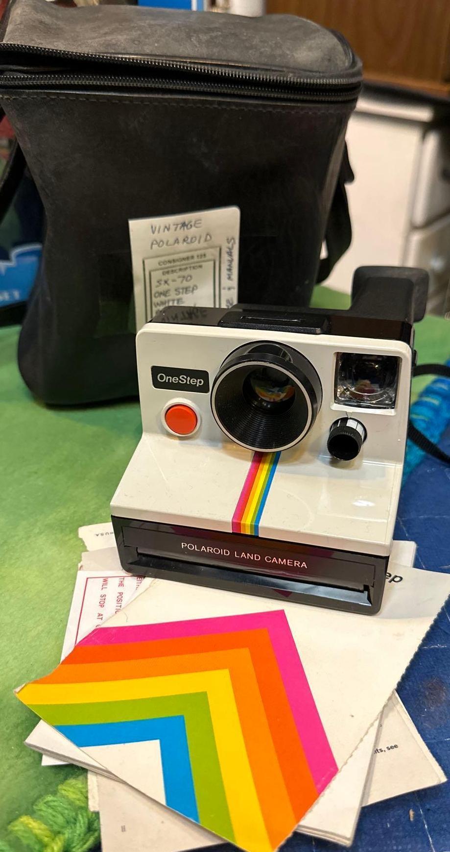 Vintage Polaroid SX-70 One Step White Rainbow Stripe Camera w/case & Manuals- works