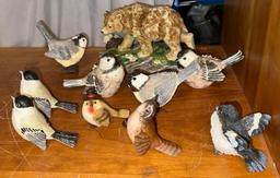 Bird Candle Holder, 8 Bird Figurines and Porcelain Bear Figurine