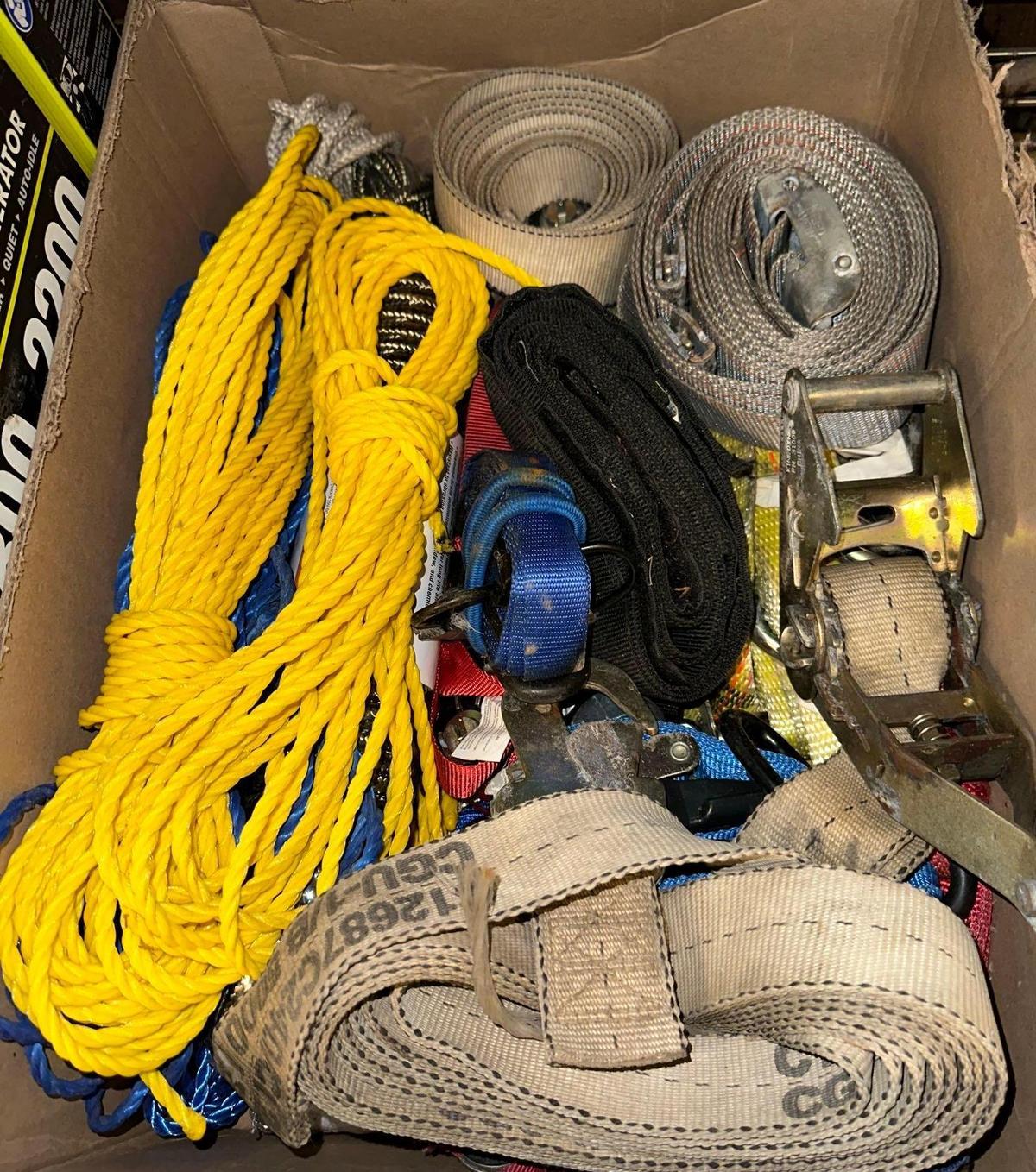 Large Lot of Tie Down Straps, Ratcheting Tie Downs and rope