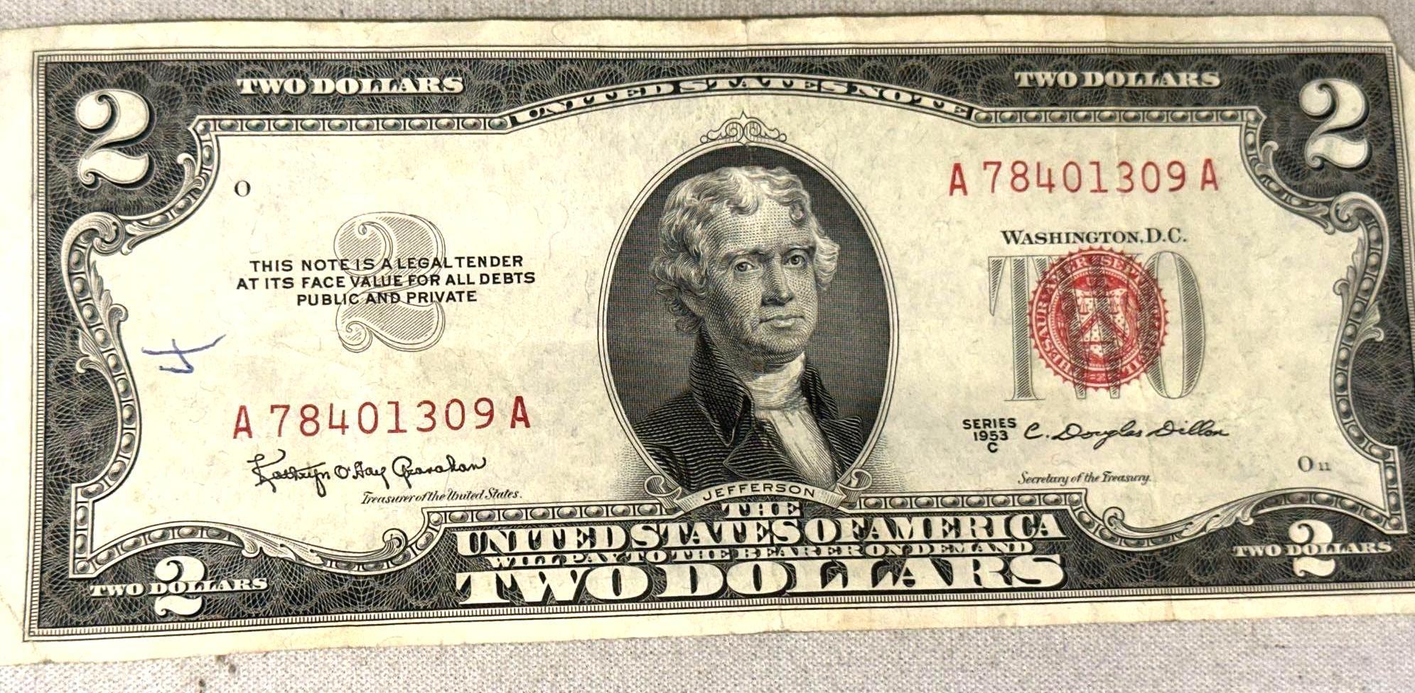 Two Red Seal $2 Bills- 1953 C and 1963 A
