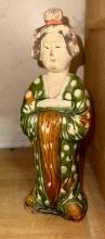 Chinese Women Statue The Green and Brown Slip in Constantant with 1900-10 Slip - 9" tall