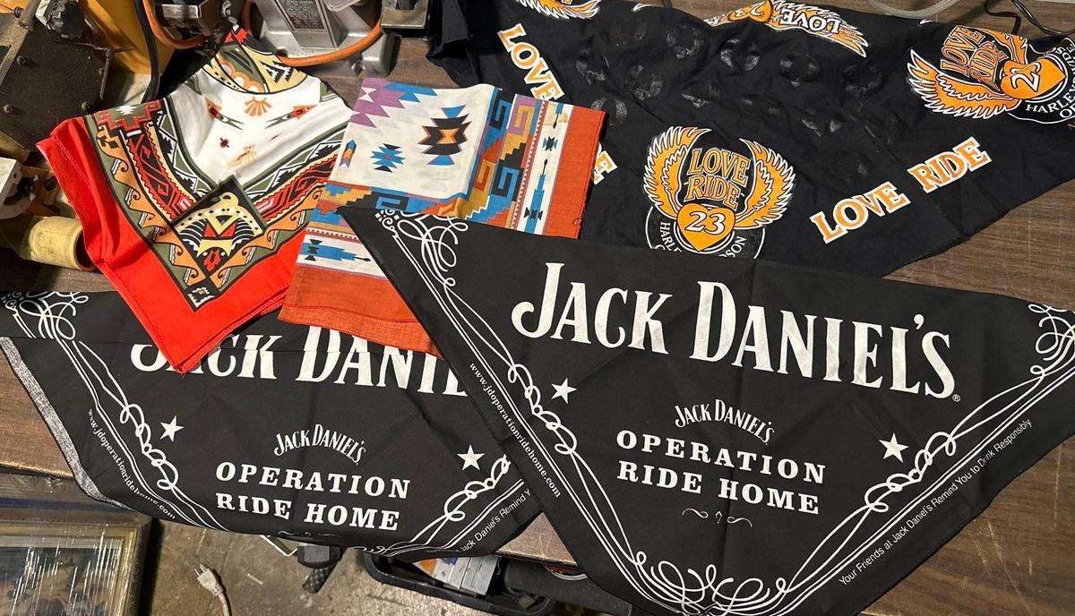 5 Biker Bandanas - 1 is Harley Davidson and 2 Jack Daniels